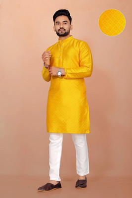 Adee Men Self Design Straight Kurta(Yellow)
