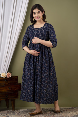Cotnon Women Printed Anarkali Kurta(Dark Blue)