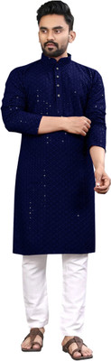 click n buy Men Self Design Straight Kurta(Dark Blue)
