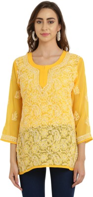 FIIZA Casual Embroidered Women Yellow, White Top