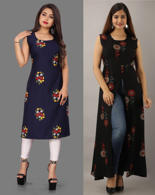 maruti fab Women Printed Straight Kurta(Black, Dark Blue)