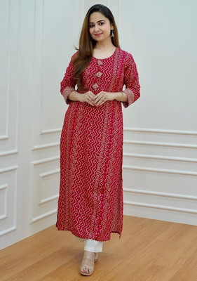 ANGIYA Women Embroidered Straight Kurta(Red, White)