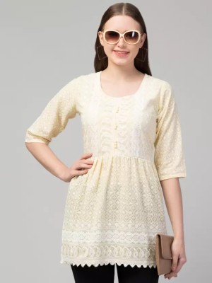 Women Printed, Chikan Embroidery Kurta(Yellow)