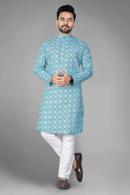 DHASU TRENDZ Men Printed Straight Kurta(Light Blue)