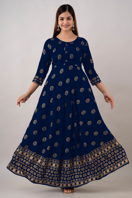 Sehrish Store Women Printed Flared Kurta(Dark Blue)