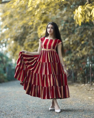 TP FASHION Women Striped Anarkali Kurta(Red)