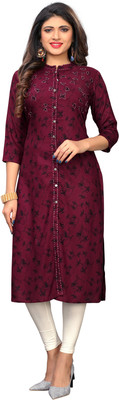 VBUYZ Women Printed Straight Kurta(Maroon, Black)