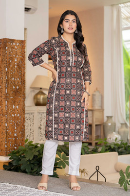 UrbanRang Women Floral Print A-line Kurta(Brown)