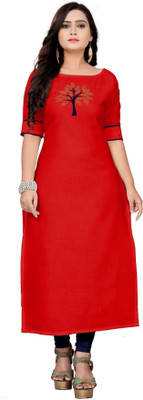 fentik.com Women Woven Design Straight Kurta(Red)