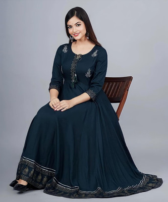 Radhegovind Creation Women Embroidered, Woven Design Anarkali Kurta(Dark Blue)