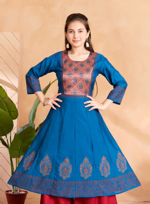 MUHURATAM Girls Abstract A-line Kurta(Blue)