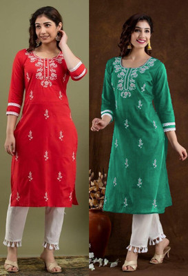 vikshi Women Embroidered Straight Kurta(Multicolor)