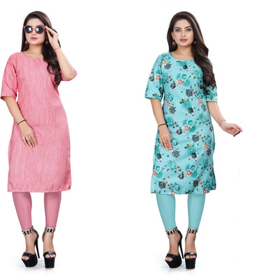 PAFASHION Women Printed A-line Kurta(Blue, Pink)