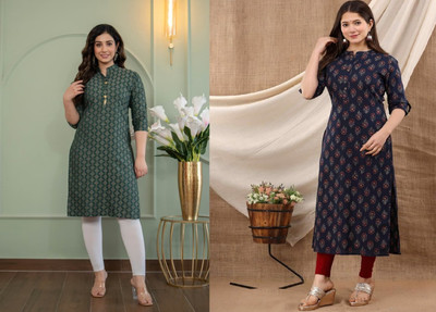 AOSLY Women Printed Straight Kurta(Dark Blue, Green)