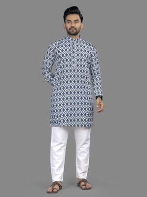 Z zedup Men Printed Straight Kurta(Blue)