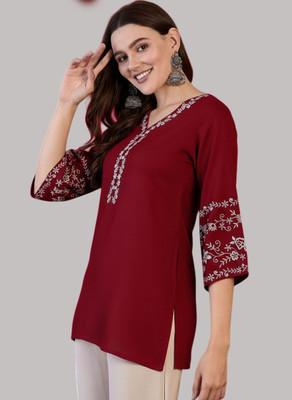 Mahira's Comfort Party Embroidered Women Maroon Top