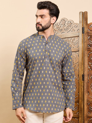 House of Pataudi Men Printed Straight Kurta(Grey)