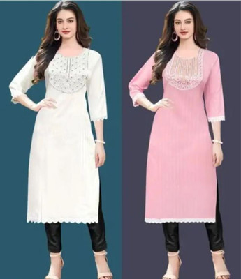 P17 Women Embroidered Kurta(Pink, White)