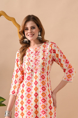 KKOUTFITS Women Floral Print Straight Kurta(Orange)