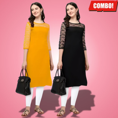 HEMANG FASHION Women Solid A-line Kurta(Yellow, Black)