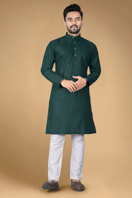 HouseOfCommon Men Solid Straight Kurta(Dark Green)