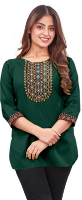 BHDRAVATI Women Embroidered, Solid A-line Kurta(Dark Green)