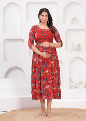 UrbanRang Women Floral Print Anarkali Kurta(Red)