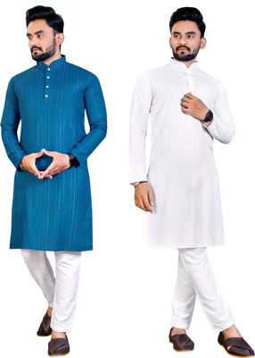 Krudha Men Woven Design Straight Kurta(Blue, White)