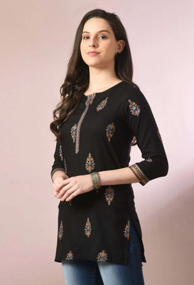 New RJP Craft Women Printed Straight Kurta(Black)