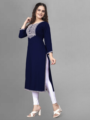 mayraa Women Embroidered A-line Kurta(Blue)