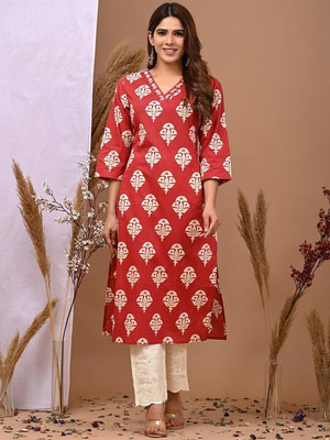 WGC Women Floral Print A-line Kurta(Maroon)