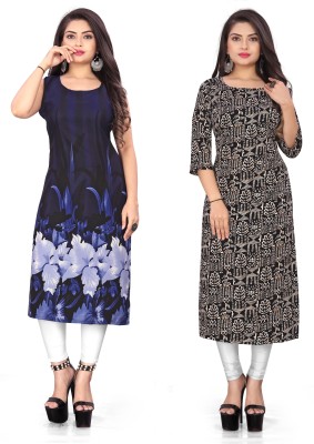 Hiral Creation Women Printed Straight Kurta(Blue, Black)