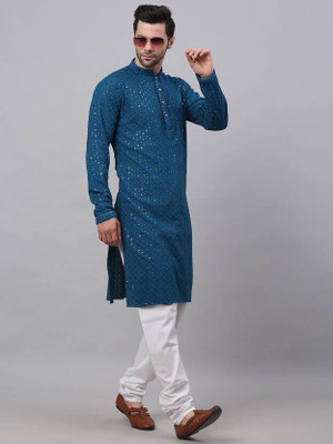 DHASU TRENDZ Men Embellished, Chikan Embroidery Straight Kurta(Blue)