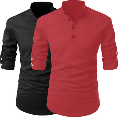 LIRMO Men Solid Pathani Kurta(Black, Red)
