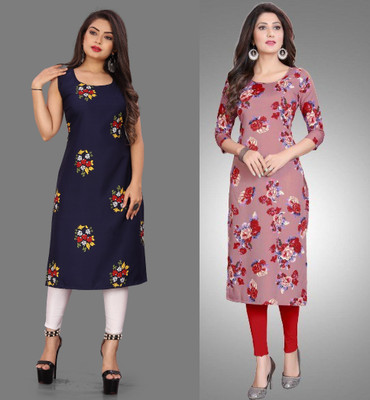 tanvi creation Women Printed Straight Kurta(Pink, Dark Blue)