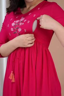 Priyas Creation Women Embroidered Flared Kurta(Pink)