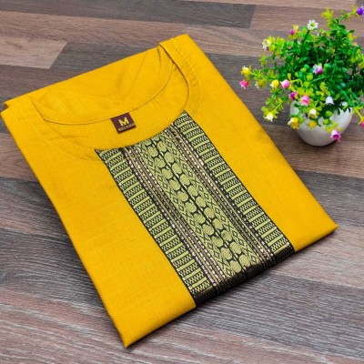 MAHIBHAG CREATION Women Applique, Solid, Woven Design, Embroidered Straight Kurta(Yellow)