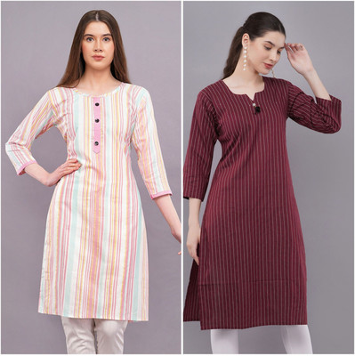 Women Striped Kurta(Pink, Maroon)