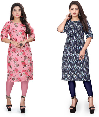 WOMENSILKFABRIC Women Printed A-line Kurta(Pink, Dark Blue)