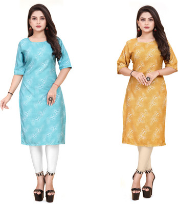 deshmi fashion Women Printed Straight Kurta(Blue, Yellow)