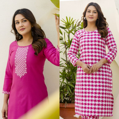 AuzaSho Collection Women Self Design Straight Kurta(Pink)