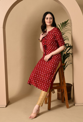 jaipurite Women Printed Straight Kurta(Maroon)