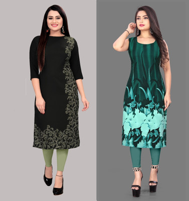 tanvi creation Women Printed A-line Kurta(Black, Green)