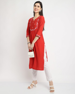 Rajnandini Women Printed A-line Kurta(Red)