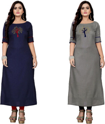 Retrox Women Patchwork Straight Kurta(Dark Blue, Grey)
