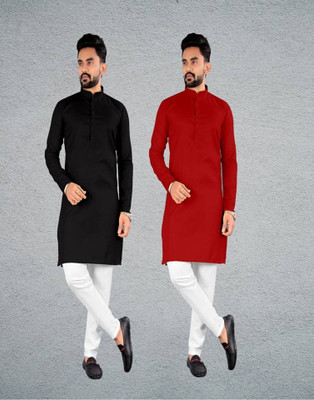 DHASU TRENDZ Men Solid Straight Kurta(Black, Red)