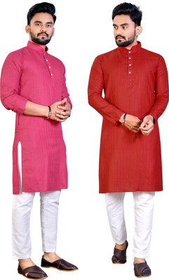 SEFRONI Men Woven Design Straight Kurta(Red, Pink)