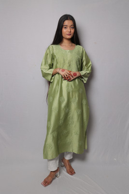 Shah Chikan Women Embroidered Straight Kurta(Light Green)