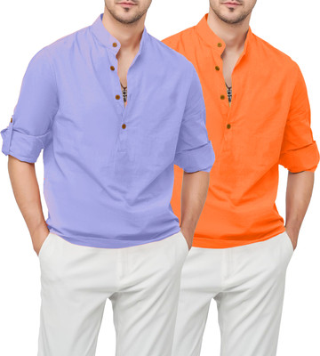 Paasbaan Men Solid Straight Kurta(Blue, Orange)