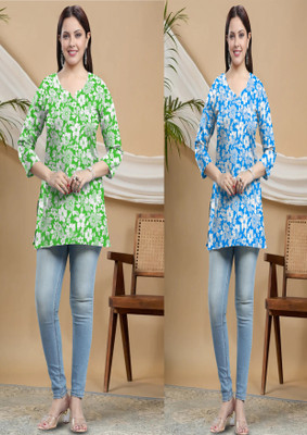 P17 Women Floral Print A-line Kurta(Blue, Green)